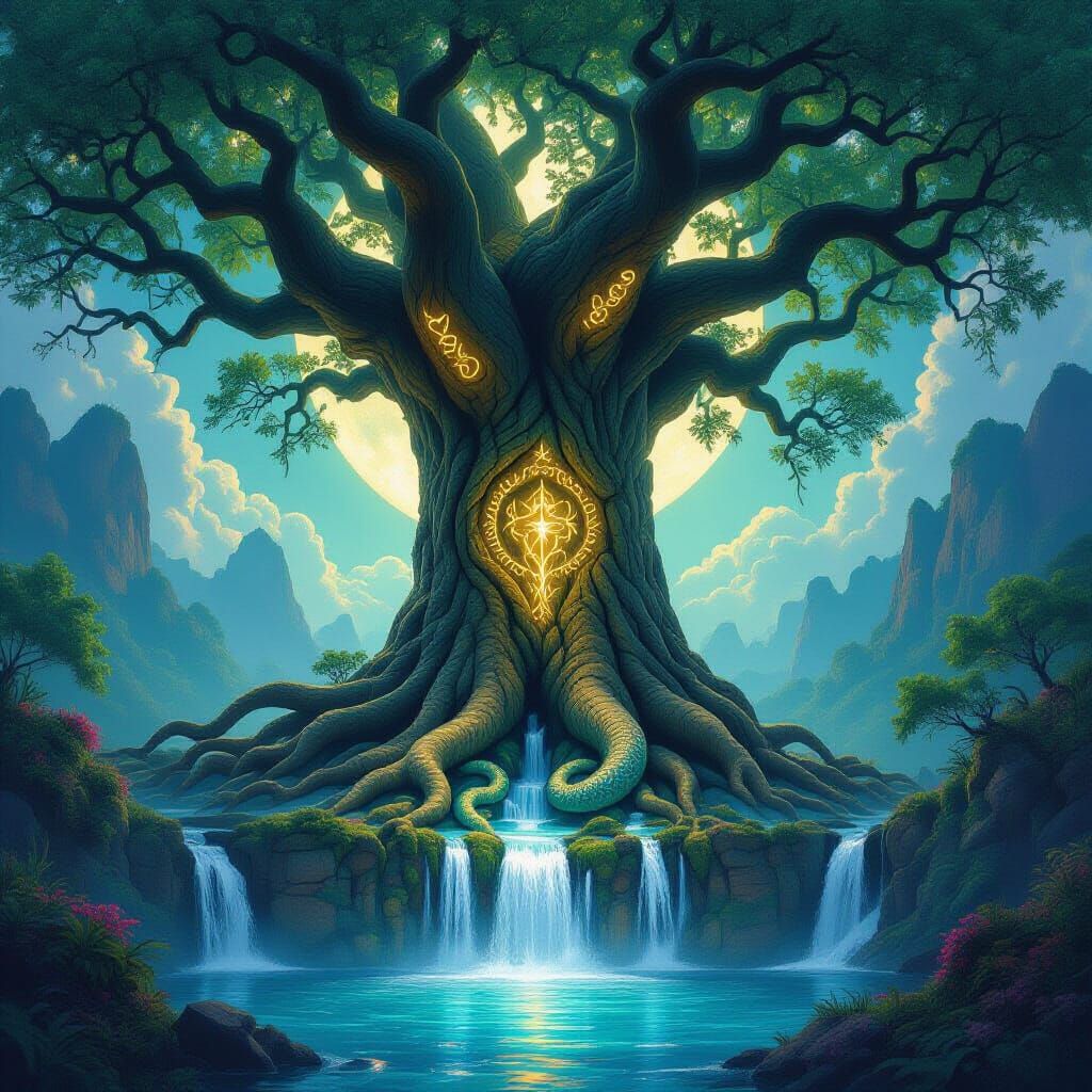 Ancient Tree with Glowing Runes and Dragon, Surreal Landscap...