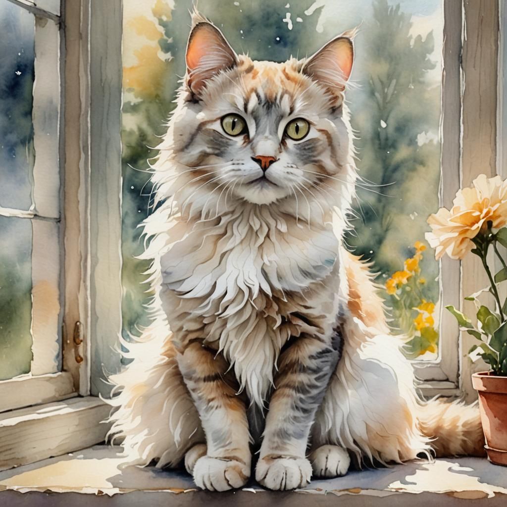 Watercolor Kitty Cat on Windowsill in Dreamy Light