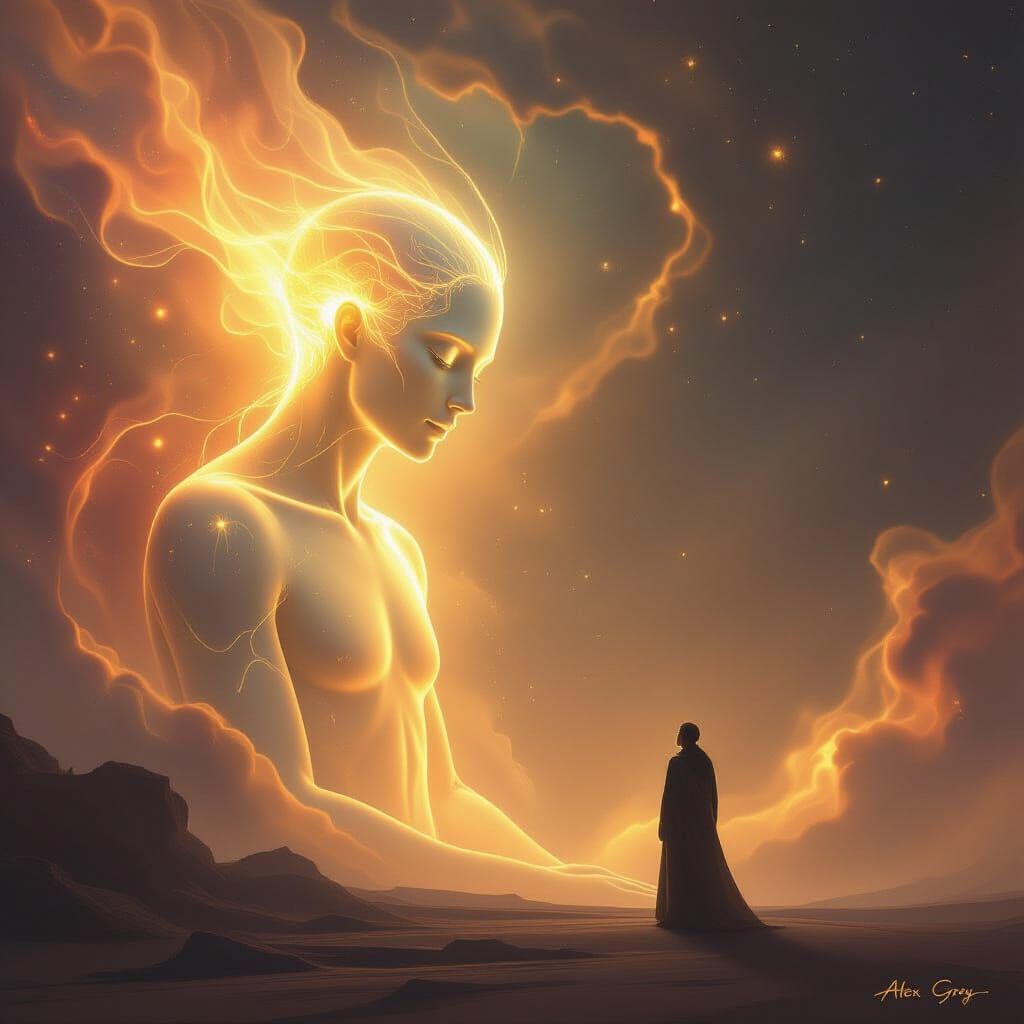 Ethereal Figure Offers Compassion in Cosmic Digital Painting