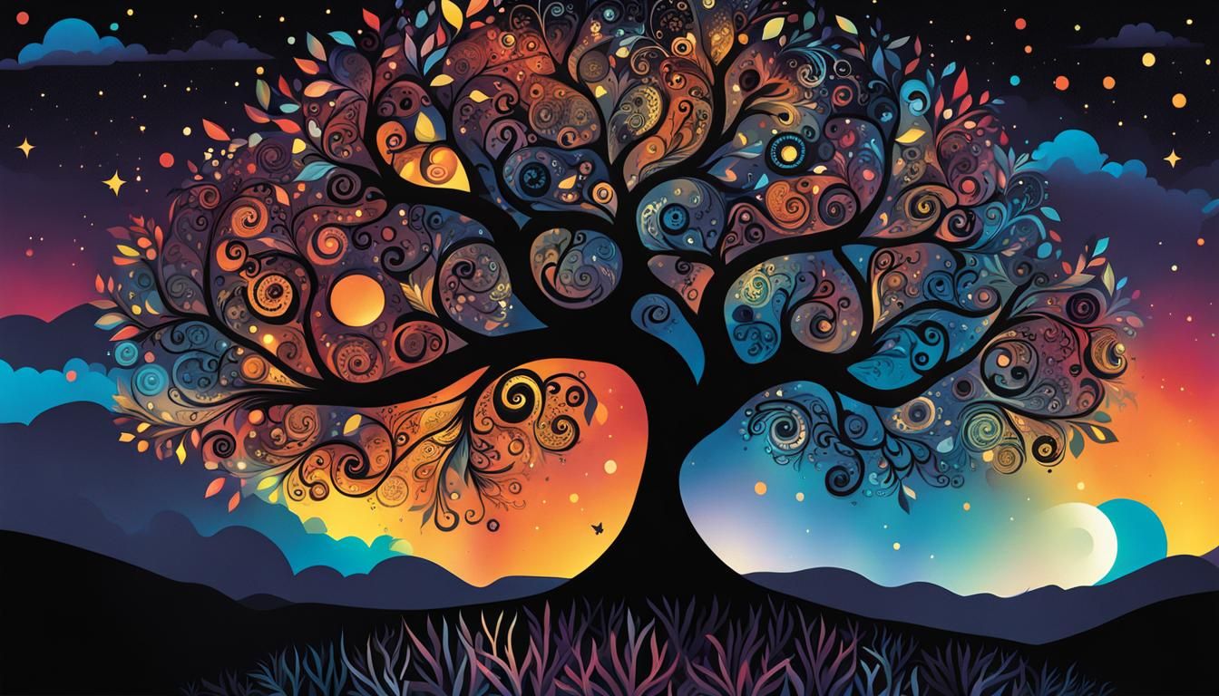 Glowing Metal Tree Cartoon Poster