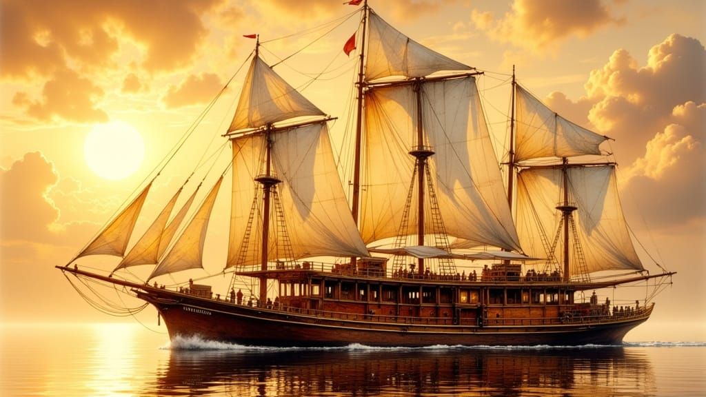 Antique Brass Steamboat at Sunset, Syd Mead Style