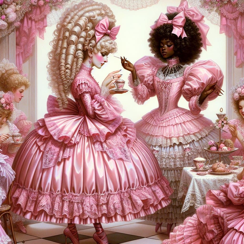 Elegant Women Enjoying a Pink Lacework Tea Party