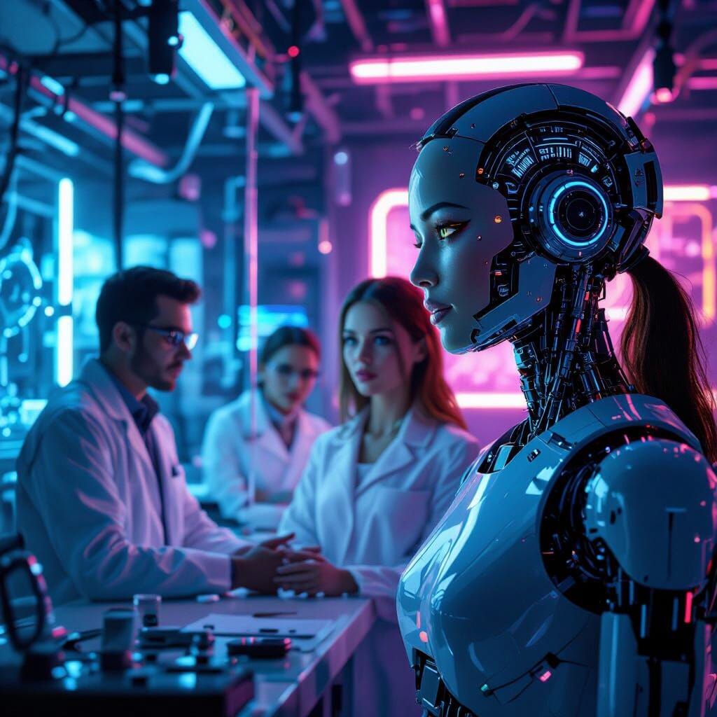 AI Influencer Robot Rebuild in Futuristic Neon City