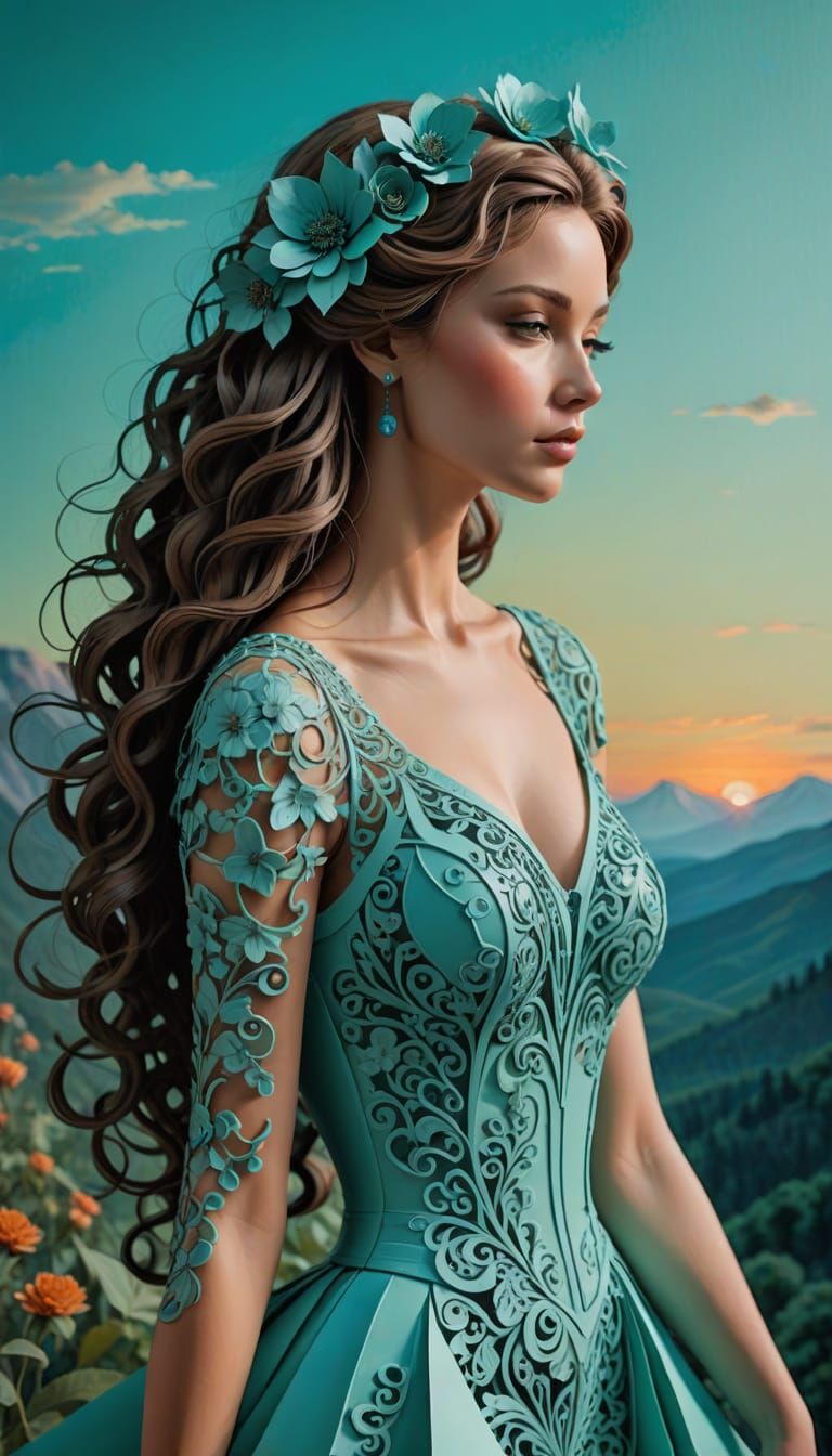 Turquoise Gown Paper-Cut Woman with Paper Flowers