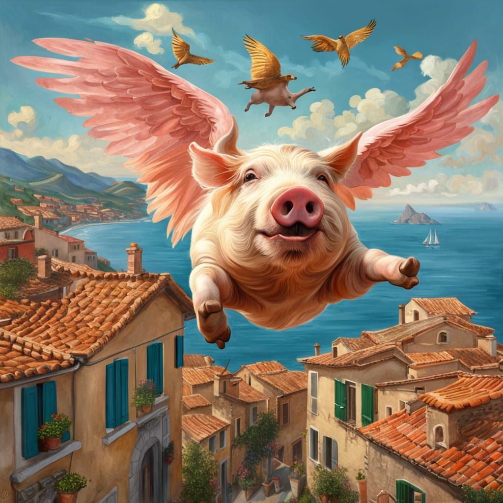 Winged Pig Flies Over Picturesque Italian Village
