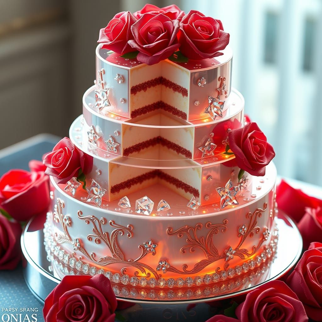 Surreal 4-Tier Cake in 3D Anime Style with Clear Glass and R...