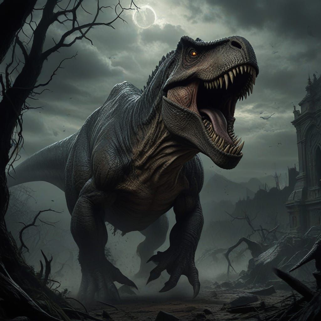 T-Rex in Dark Gothic Landscape, Menacing Frenzy