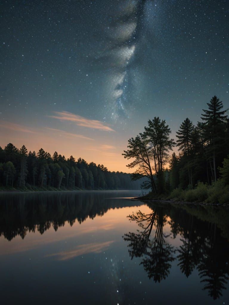 Serene Starry Night Sky Reflects Calmly in a Gentle Lake