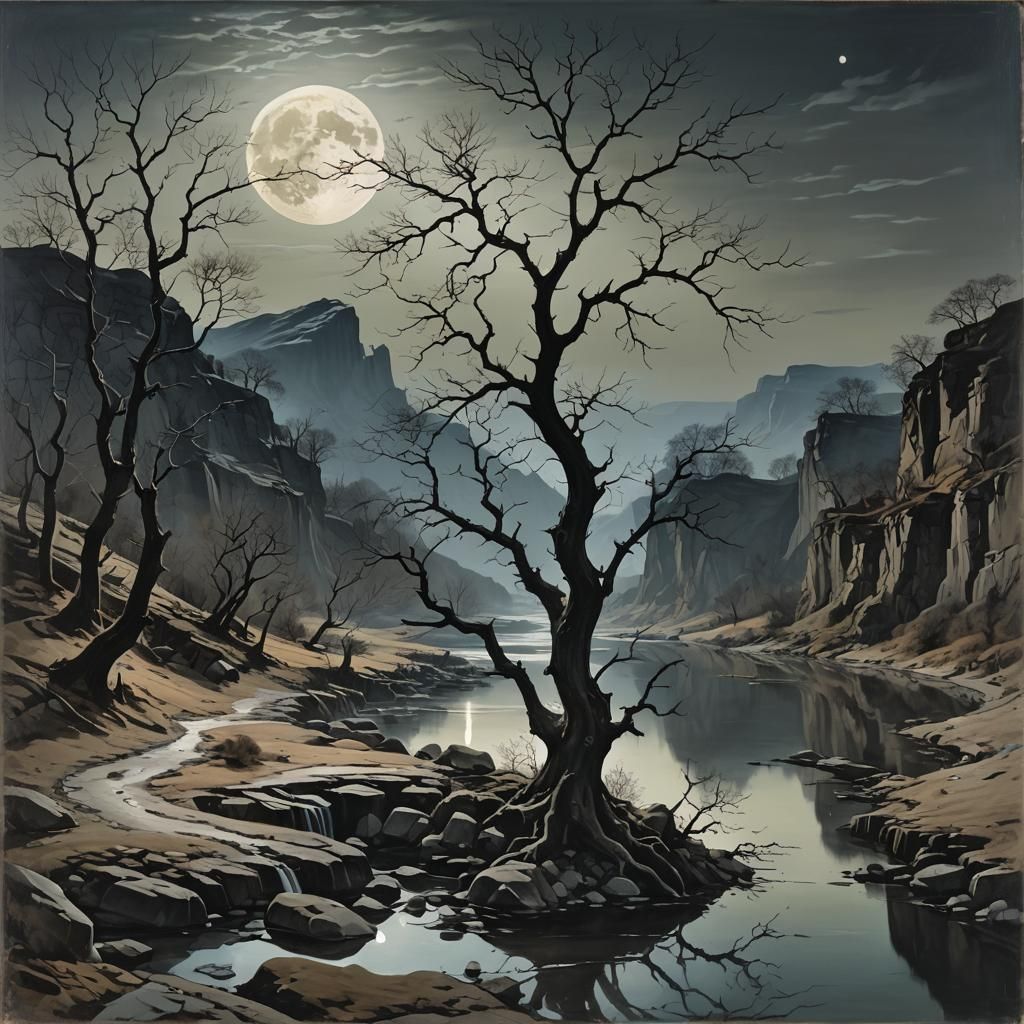 Mystical Moonlit Landscape with Red Accents
