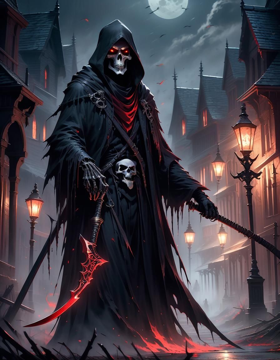 Sinister Grim Reaper in Victorian Town, Dark Fantasy Art