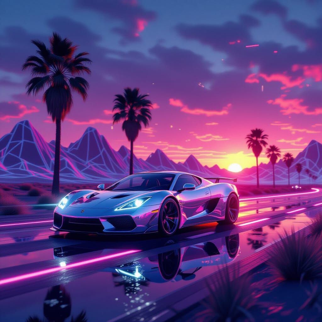 Neon Desert Race: Hyperreal Chrome Car in Synthwave Sunset