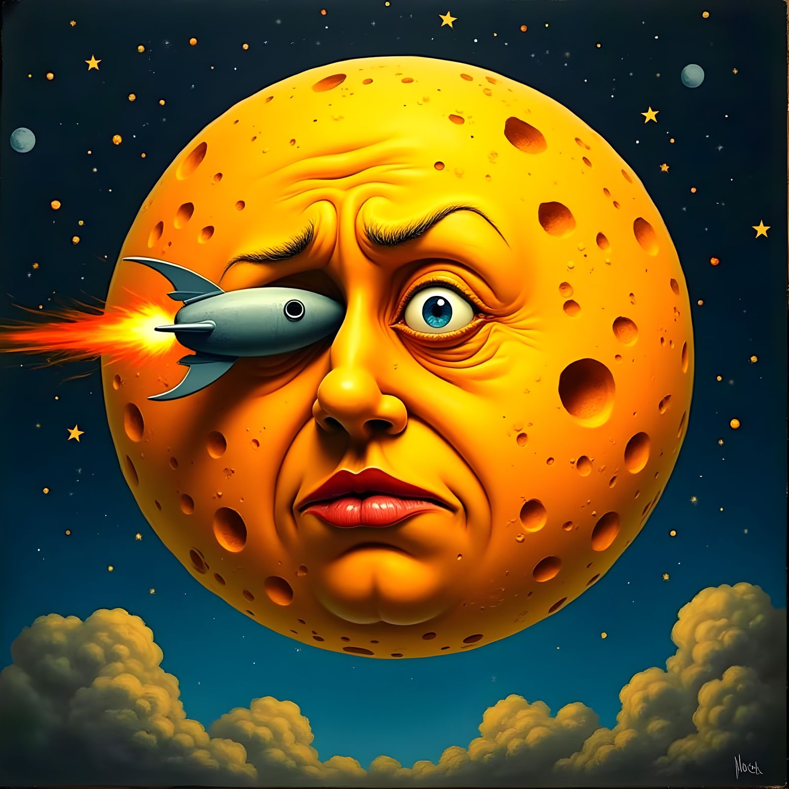 Comical Moon Face with Rocket in Eye as Charcoal Art