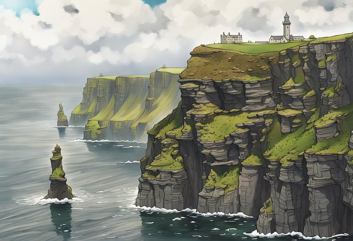 Cliffs of Moher: Detailed Line Drawing with Watchtower