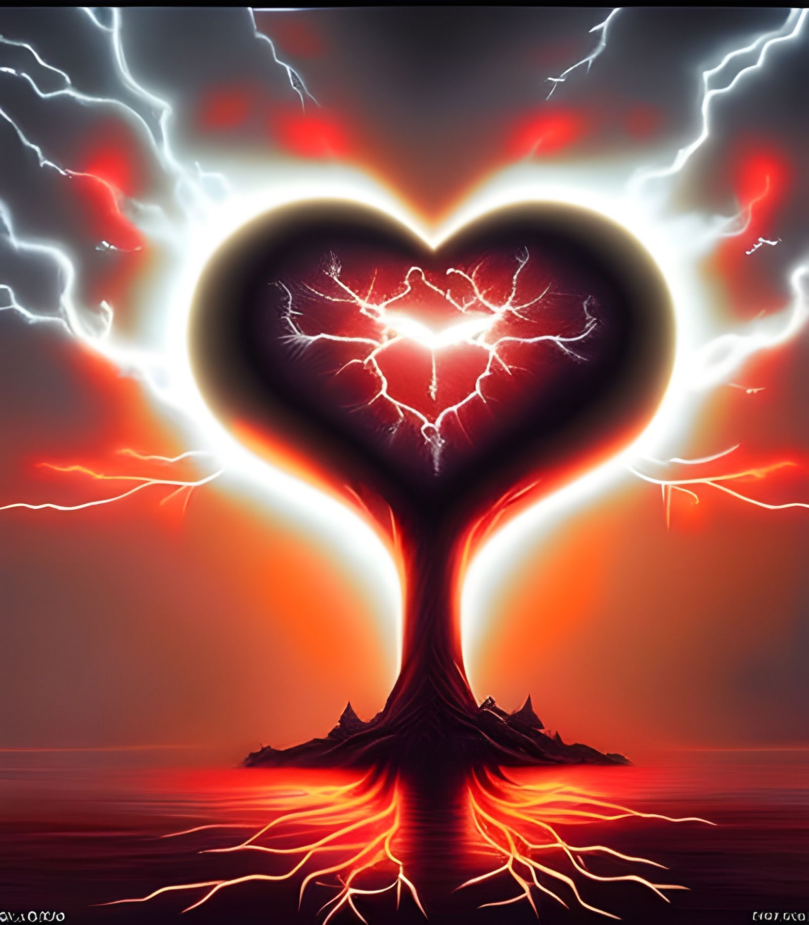 Heart Tree Ablaze with Lightning, Digital Art