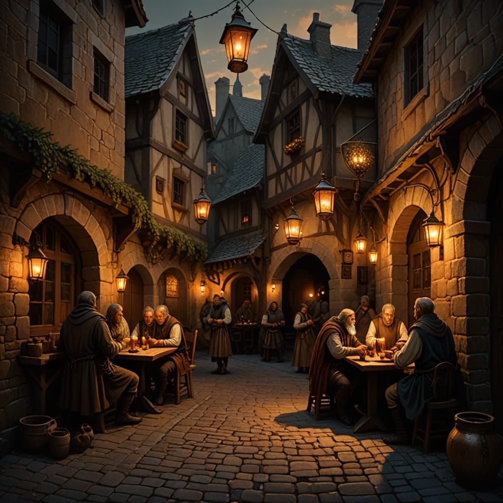 Medieval Tavern in Stone Alleyway with Lanterns