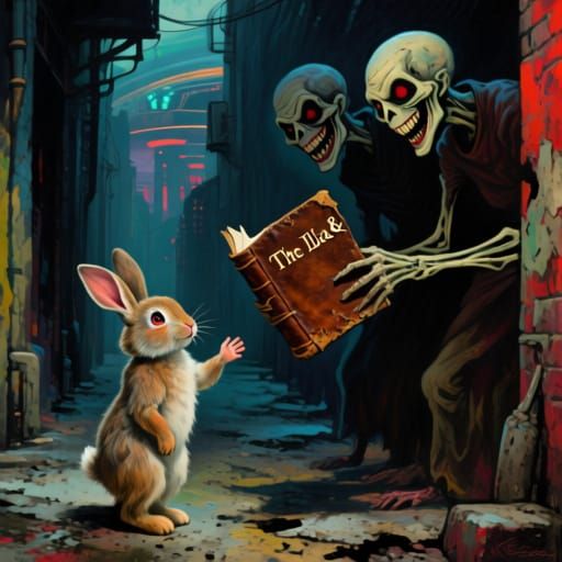 Child Rabbit Offered Ancient Book in Grimy Future Alley