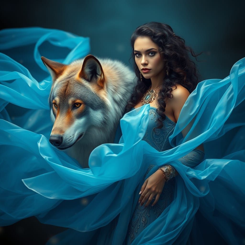 Regal Woman and Wolf in Iridescent Blue Forms