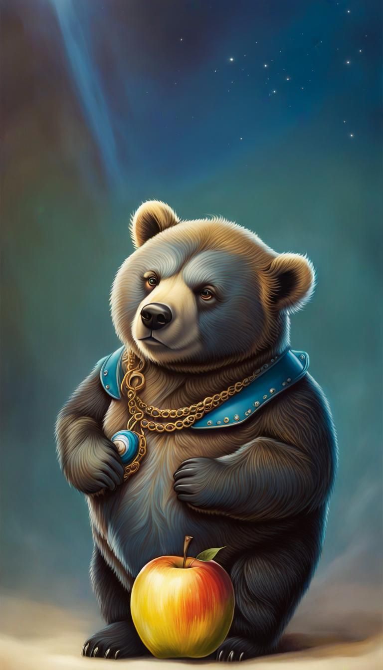 Steampunk Bear with Apple: Vintage Maximalist Illustration