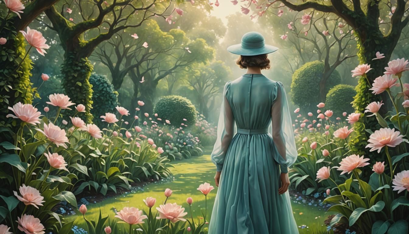 Serene Figure in Surrealist Garden: Digital Art