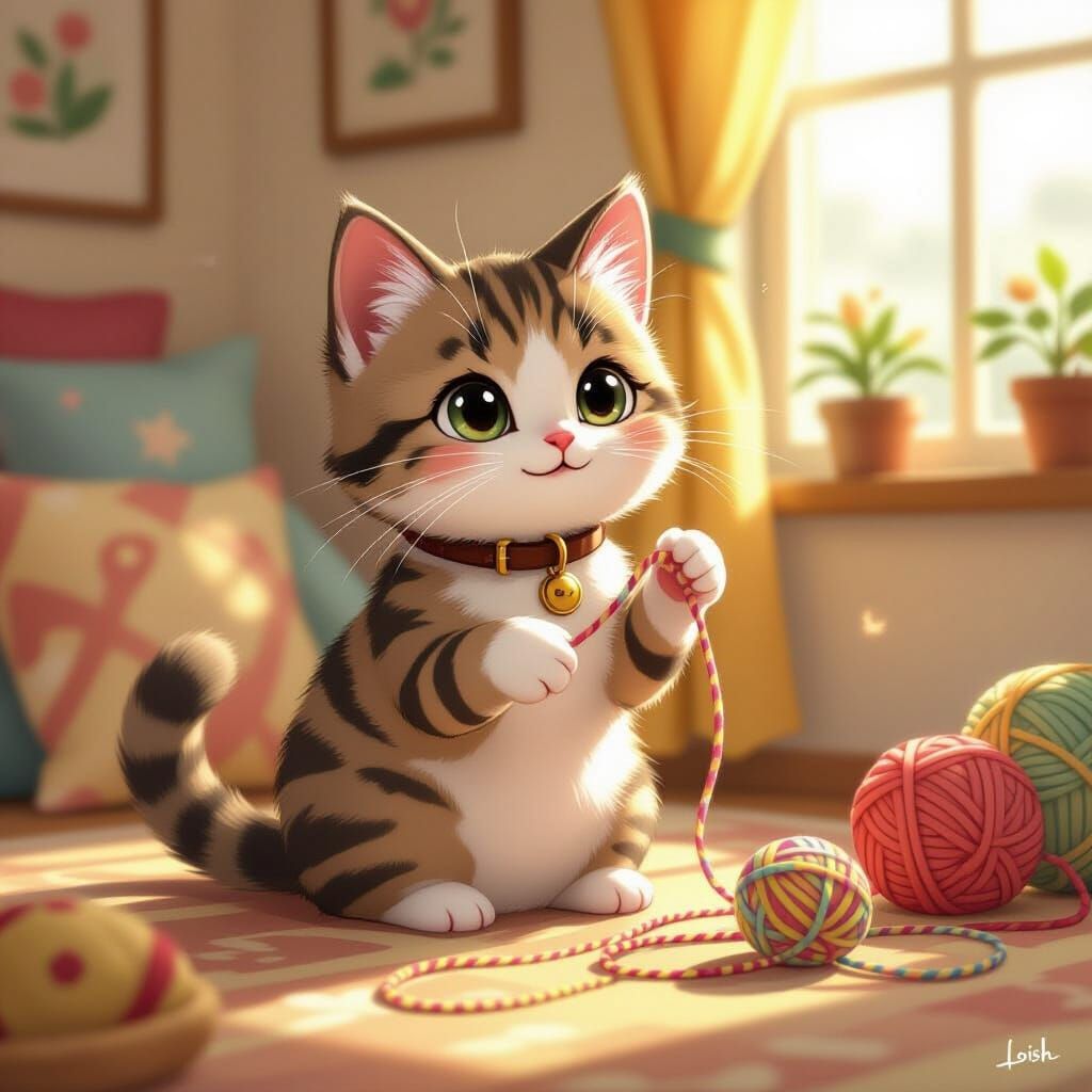 Cute Cat Plays With Yarn in Whimsical Style