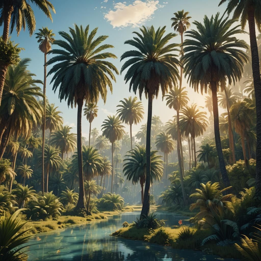 Lush Palm Oasis in Impressionist Style