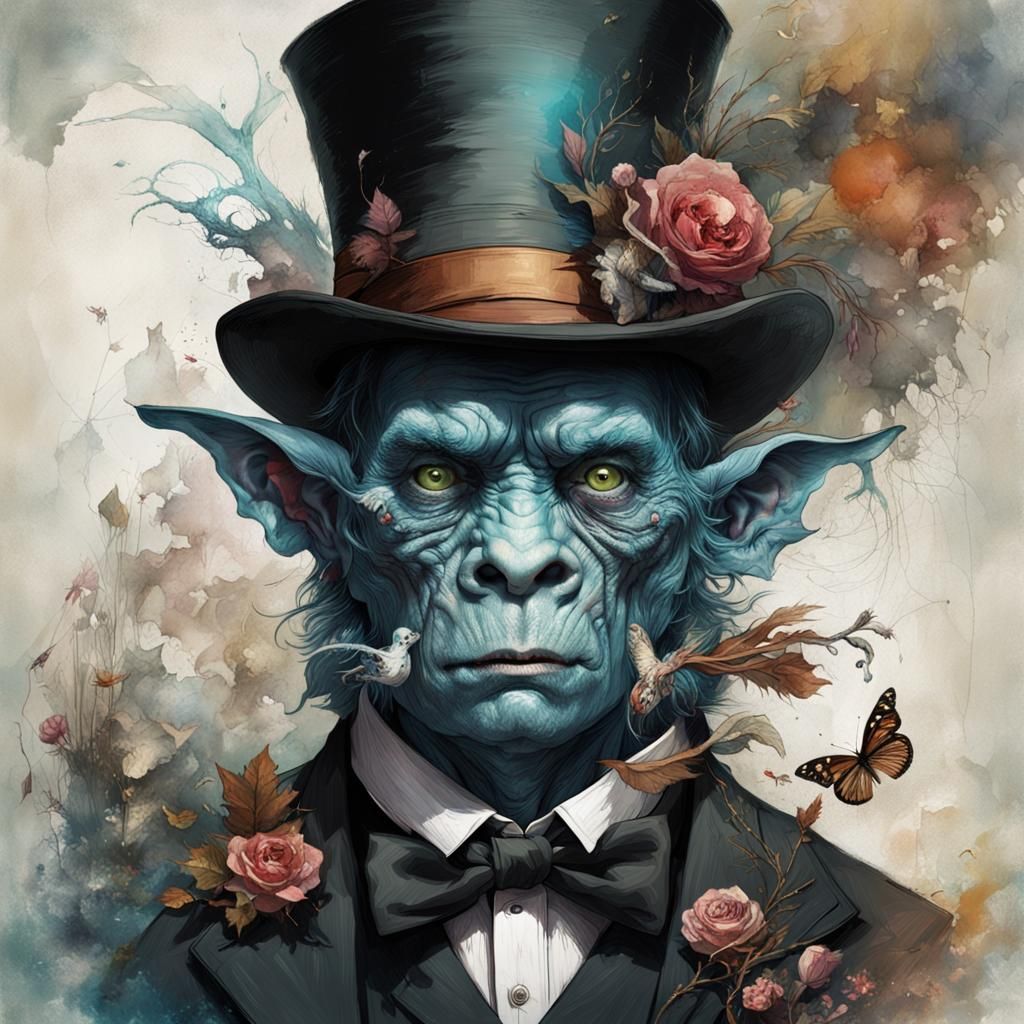 Portrait of a disfigured monster, dressed in a top hat and f...