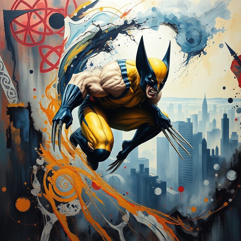 Wolverine Leaping Through Abstract Energy: Impasto Heavy Met...