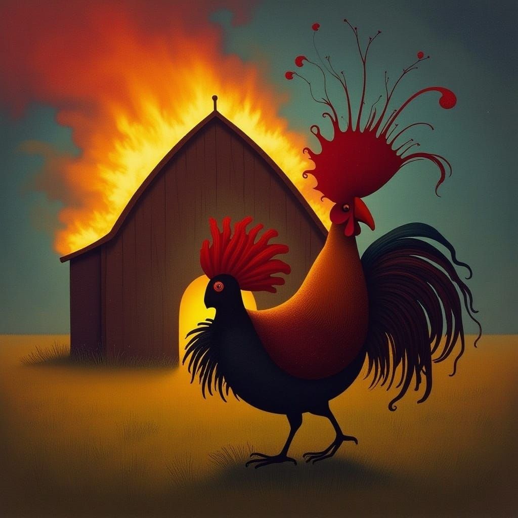 Rooster Stands Proudly Before Burning Barn