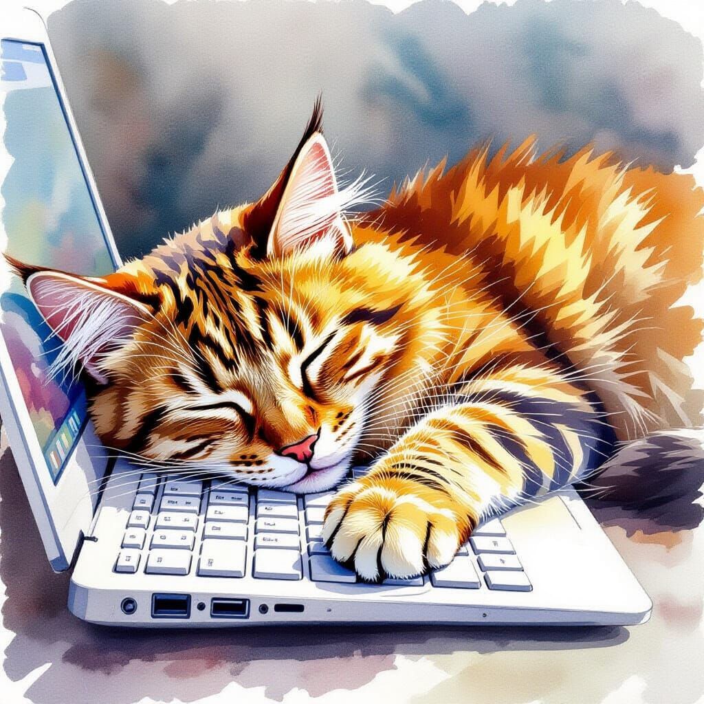 Tabby Cat Sleeping on Computer Keyboard Watercolor Art