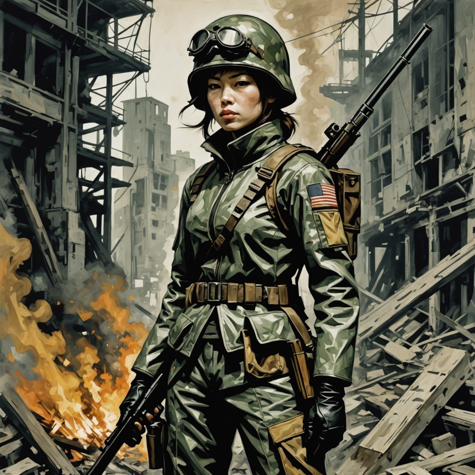 Smoking Sapper on Battlefield, Encaustic Godrays