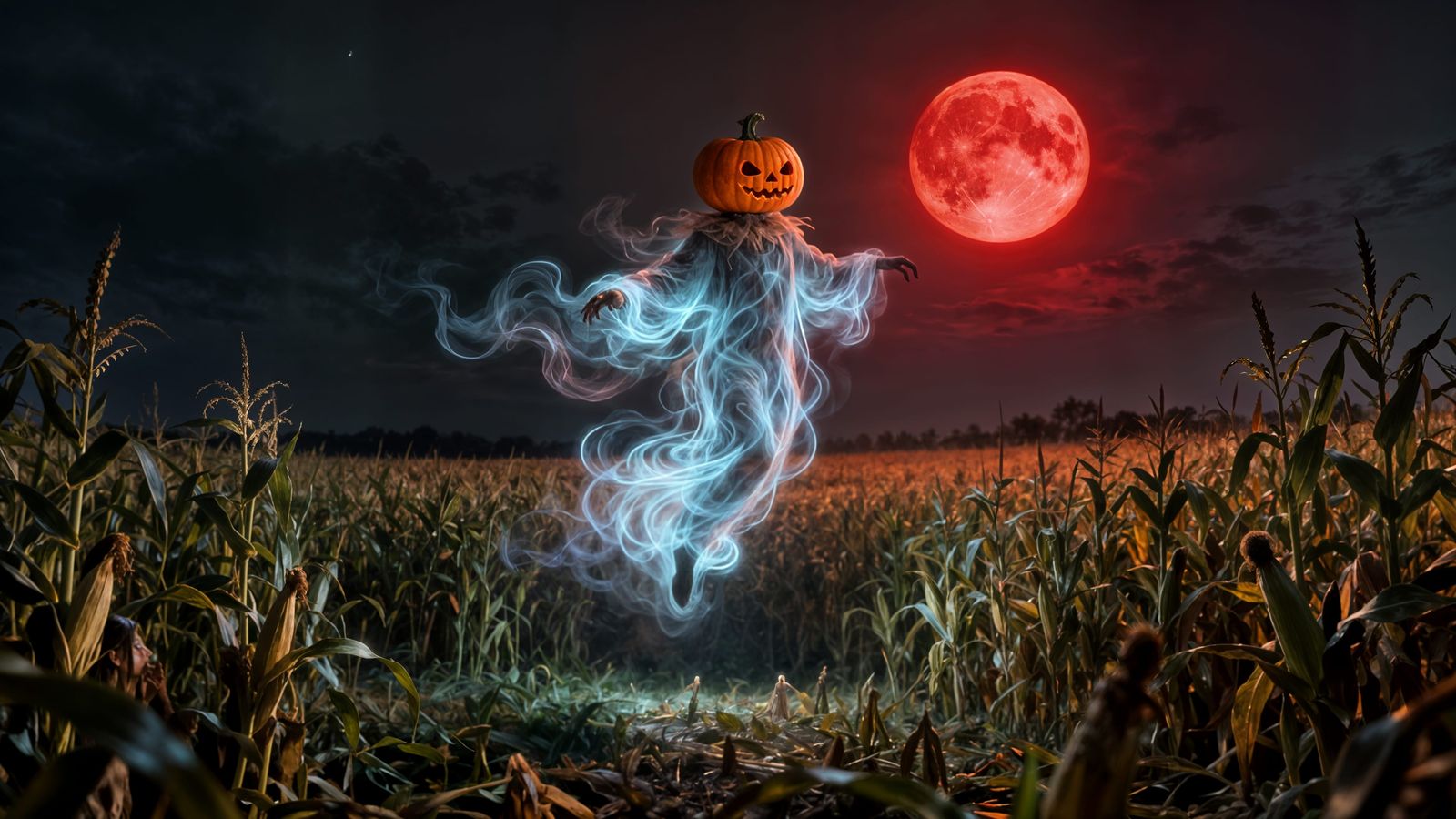 Ethereal Pumpkin Ghost in Cornfield Under Harvest Moon