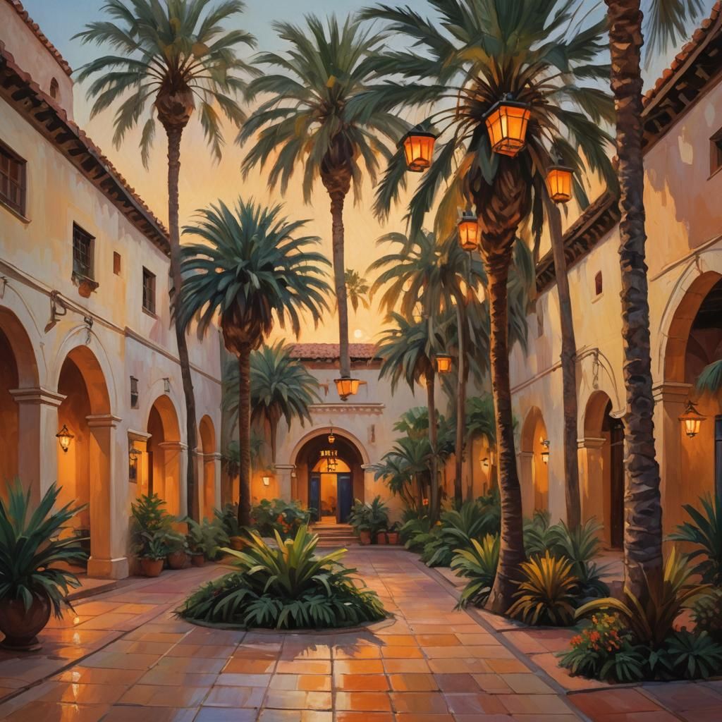 Spanish Courtyard at Dusk in Impressionist Style