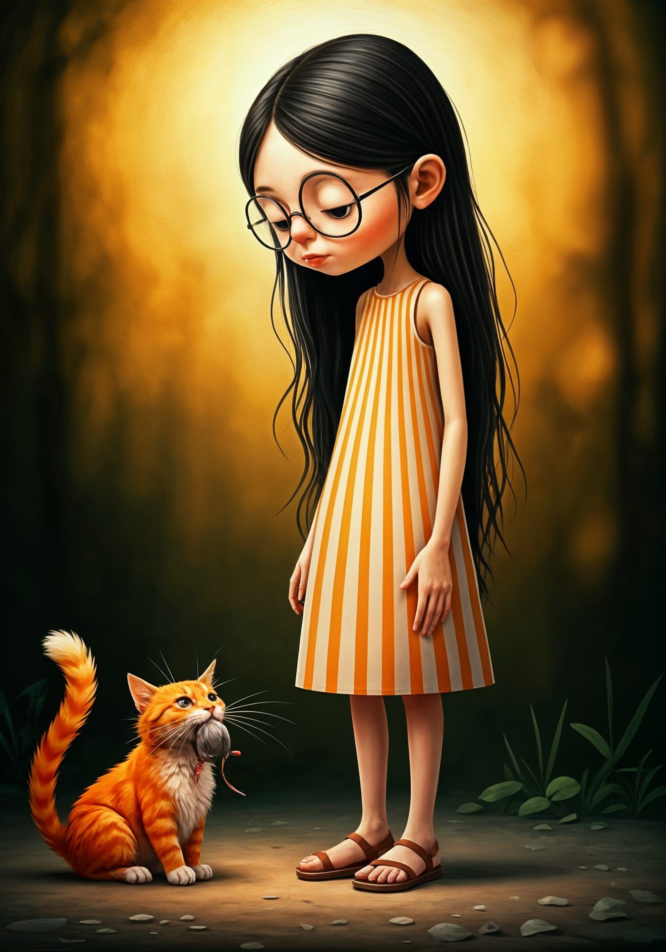 Whimsical Surreal Girl Receives Gift from Feline Friend