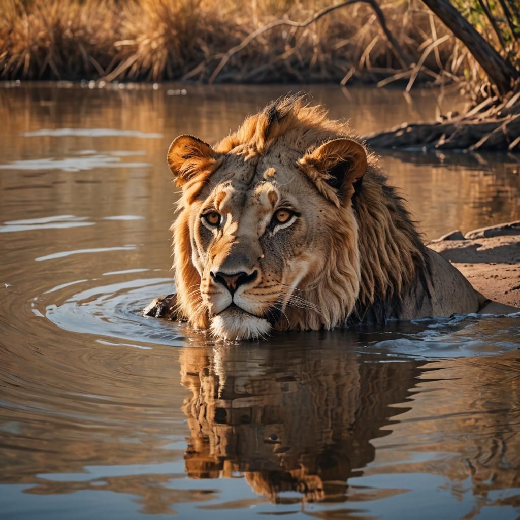 Lion Emerging from River: Wildlife Photography