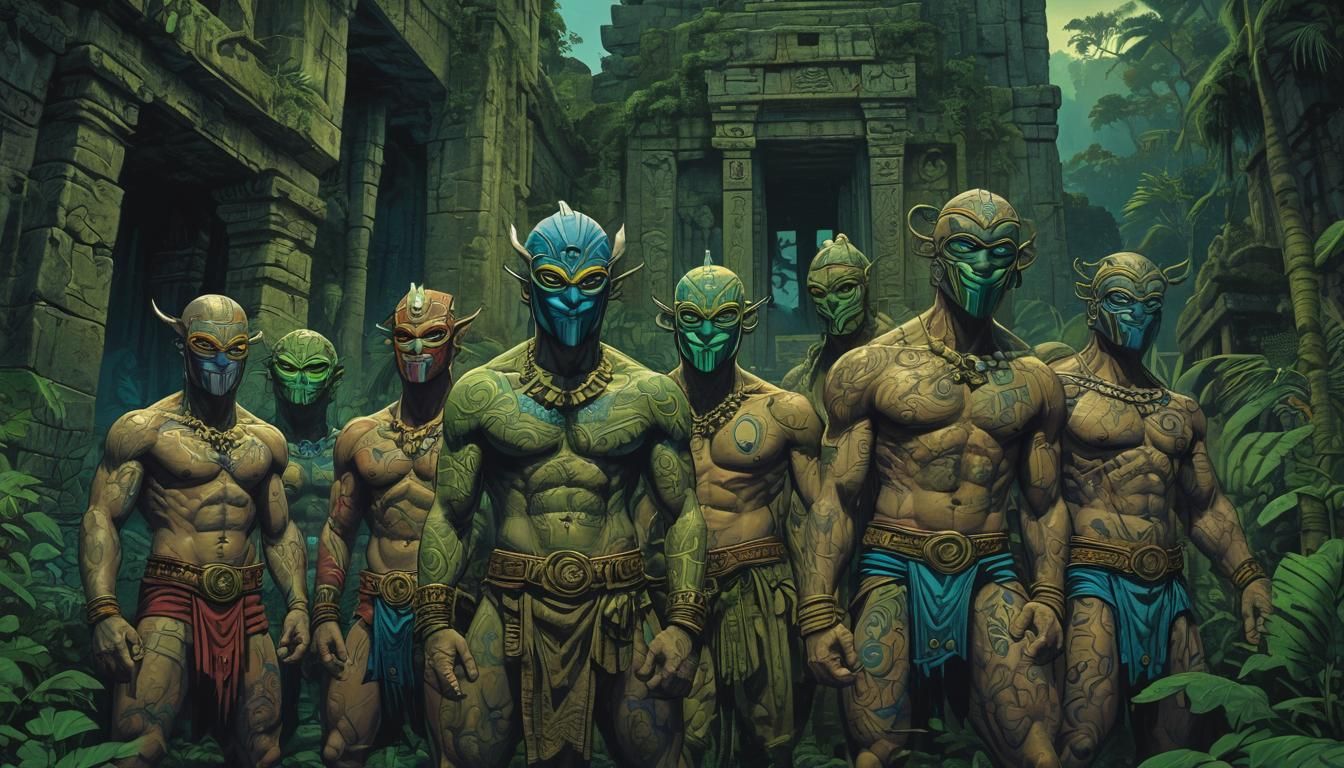 Masked Figures in Jungle Temple: Comic Book Art