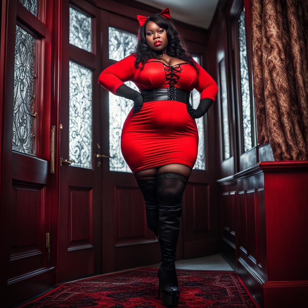 Ebony Cat Girl in Red and Black Dress