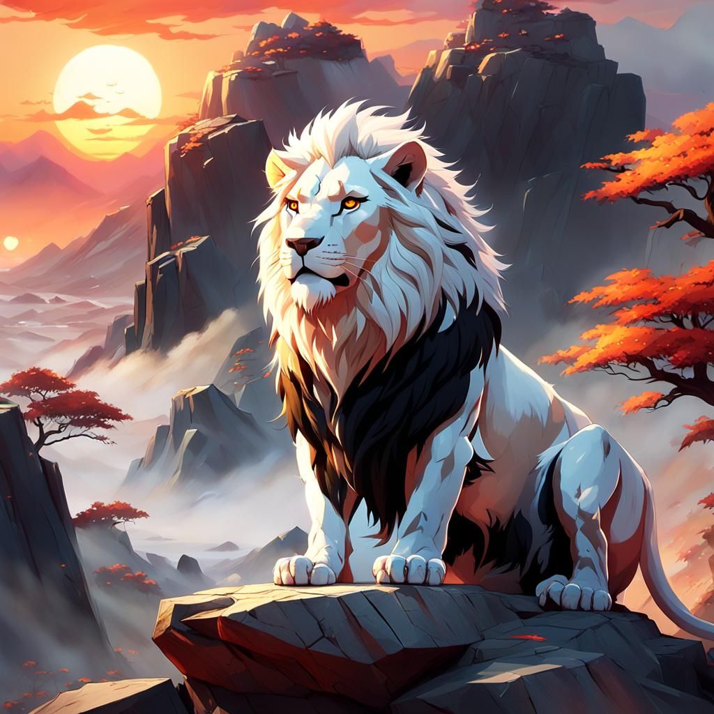 Anime Lion on Hill at Sunset: 3D Concept Art