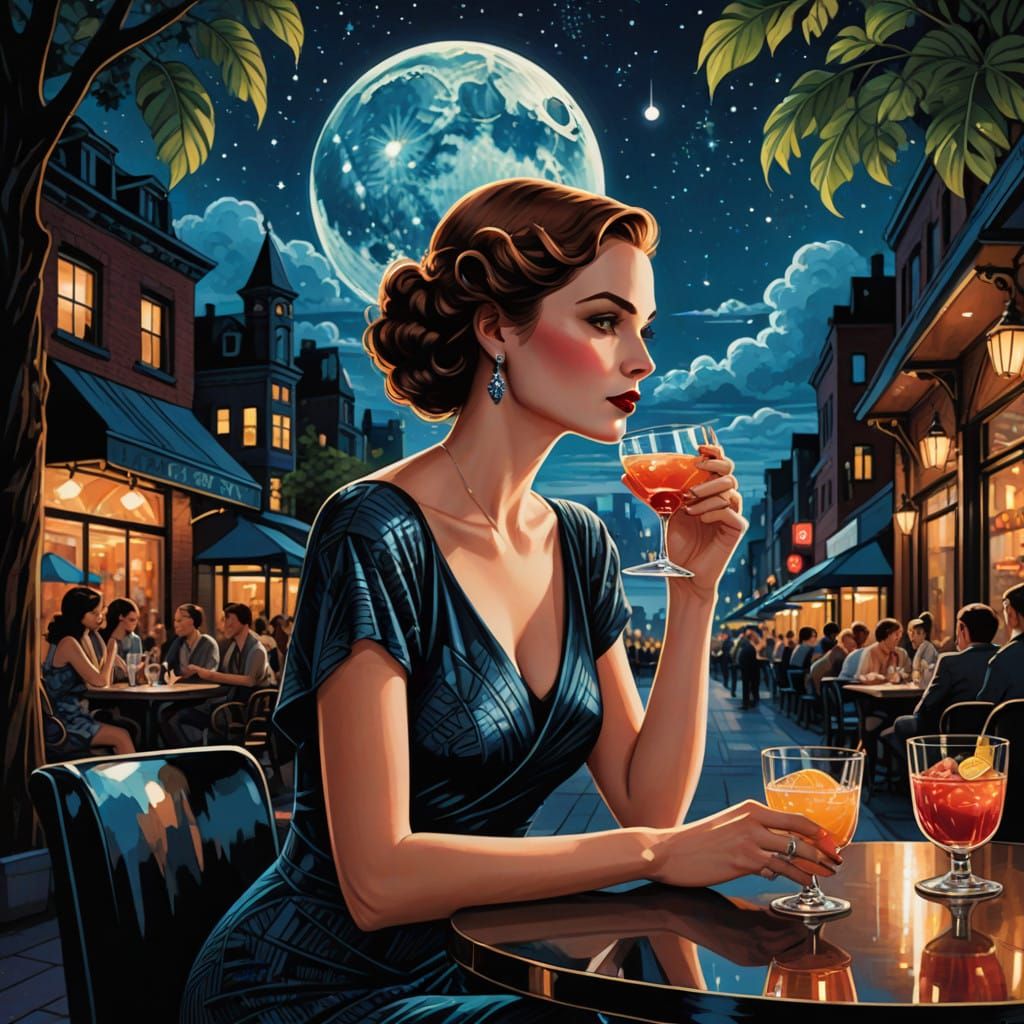Elegant Woman Sipping Cocktail Under Starry Night Sky
