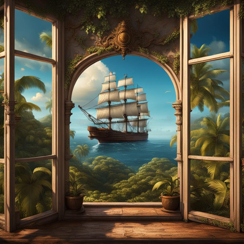 Jamaican Estate View with Ship, Detailed Matte Painting