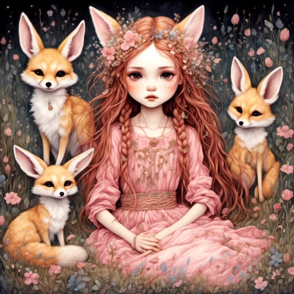 Chibi Girl with Fox in Magical Forest