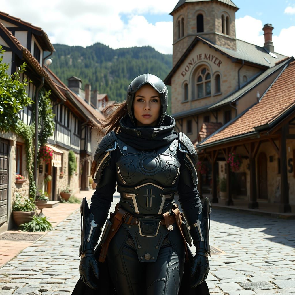 Futuristic Woman in Medieval Village