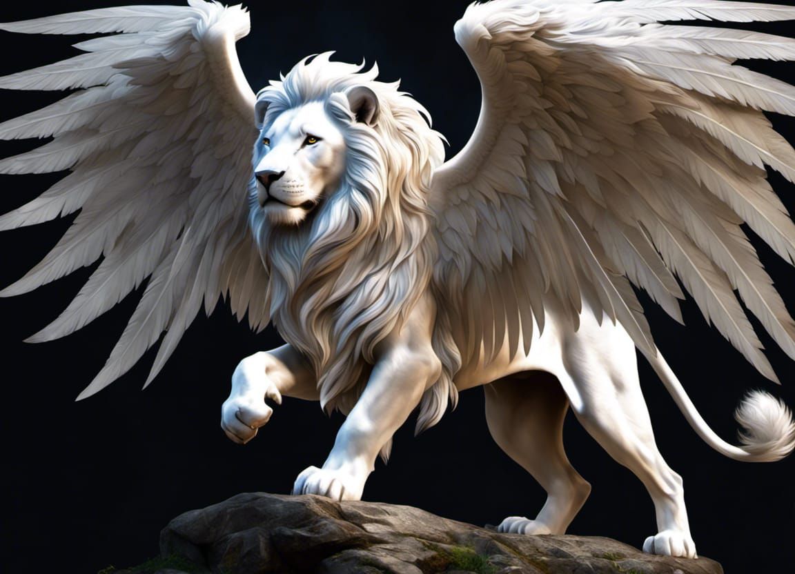 Winged White Lion in Elaborate Digital Painting