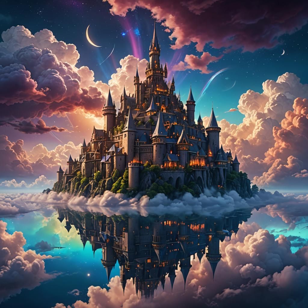 Magical Medieval City Floating in Iridescent Clouds