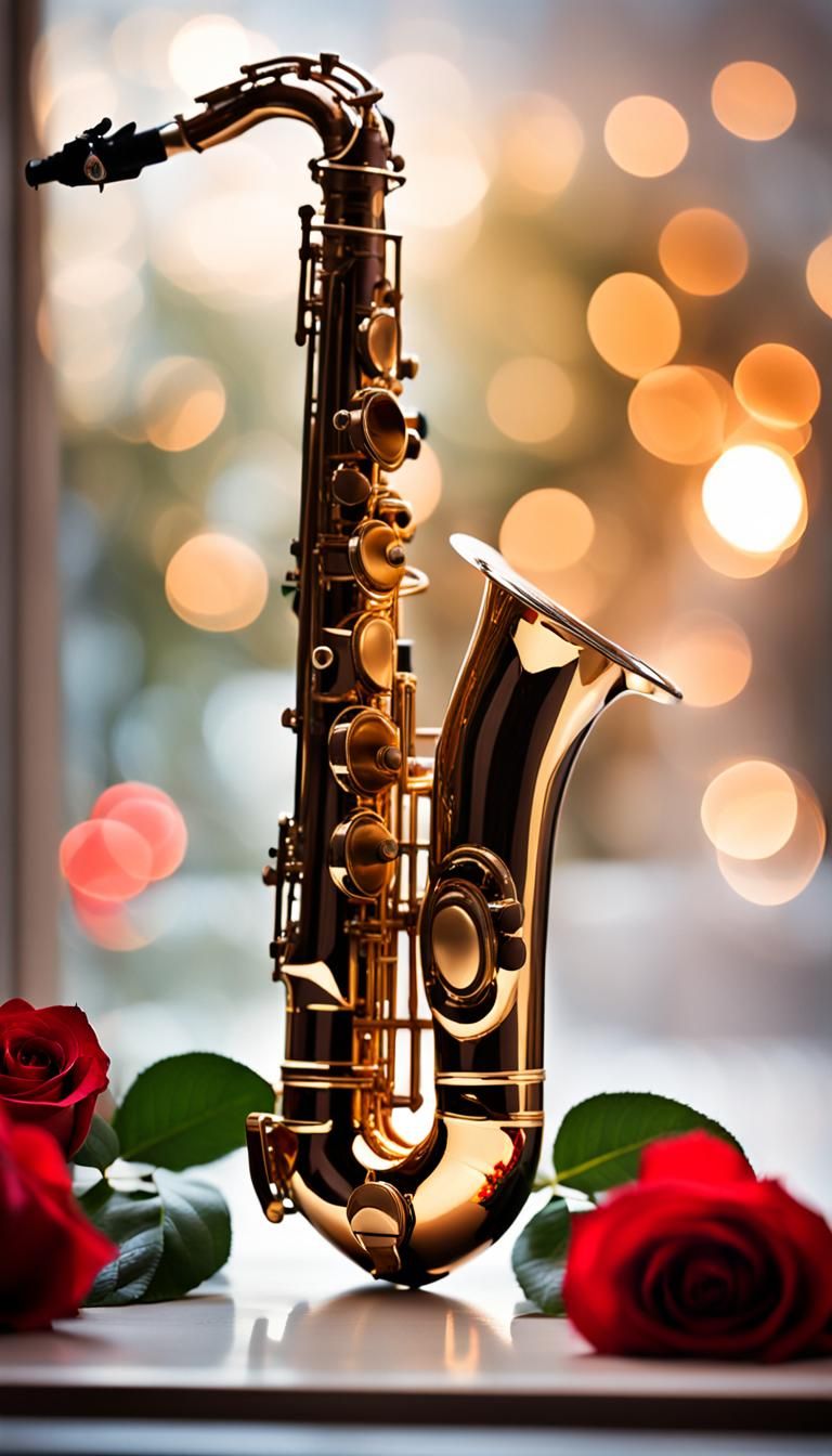 Heart-Shaped Saxophone, Chocolate, and Roses Still Life