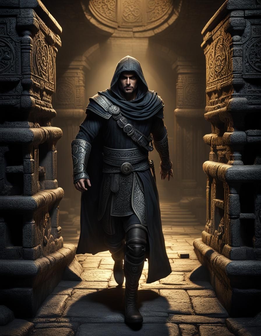 Epic Realistic Thief Escaping Giger-esque Dungeon