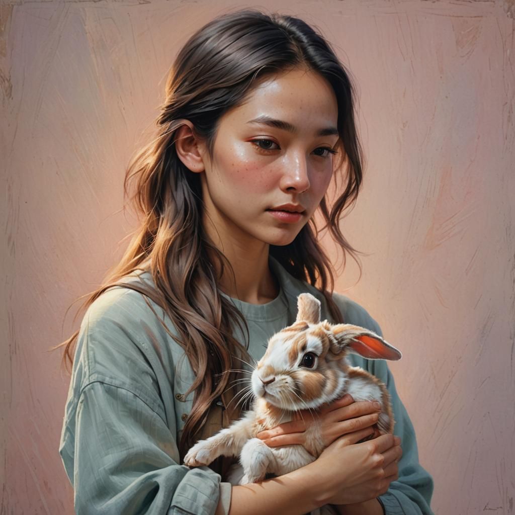 Girl Affectionately Holds Rabbit: Hyperrealistic Concept Art