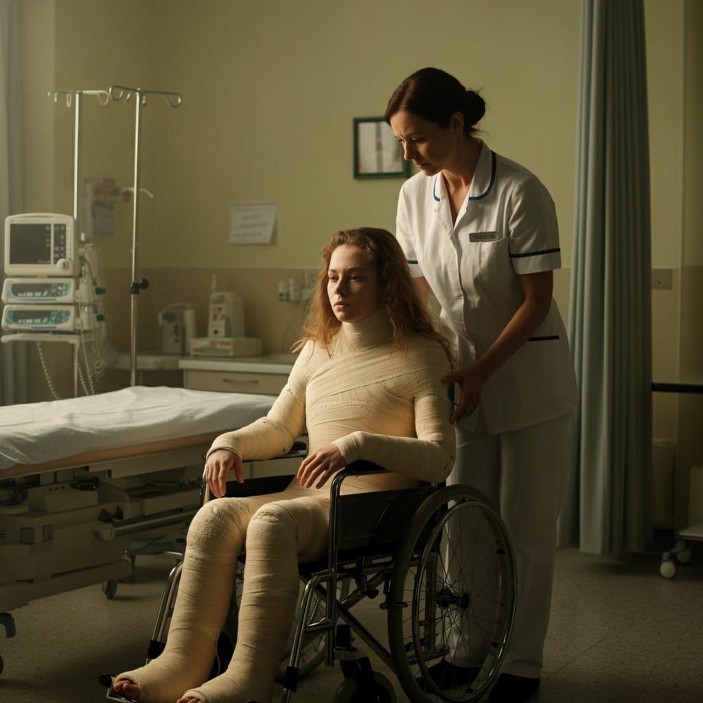 Woman in Full Body Cast in Hospital Room