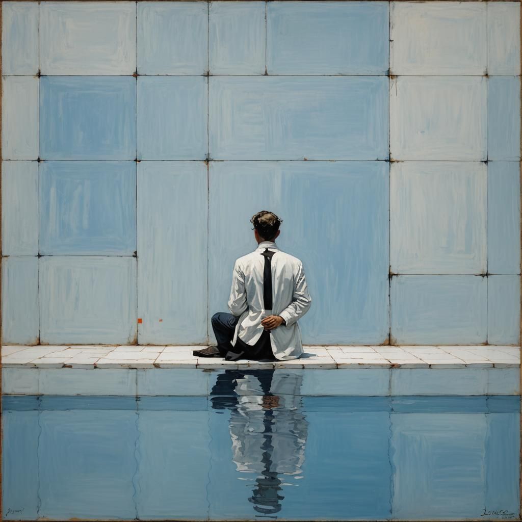 Mondrian Inspired Minimalist Blue Pool Oil Painting