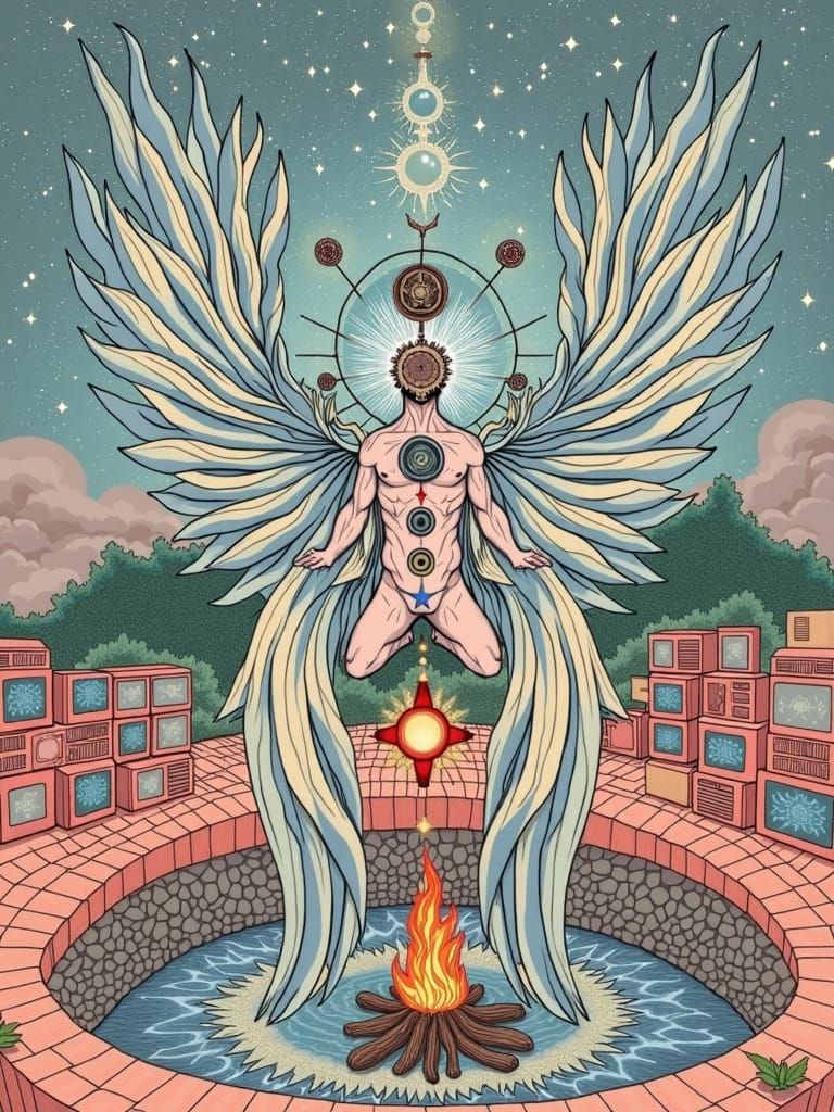 Visionary Man in Energy Vortex with Chakras and Wings