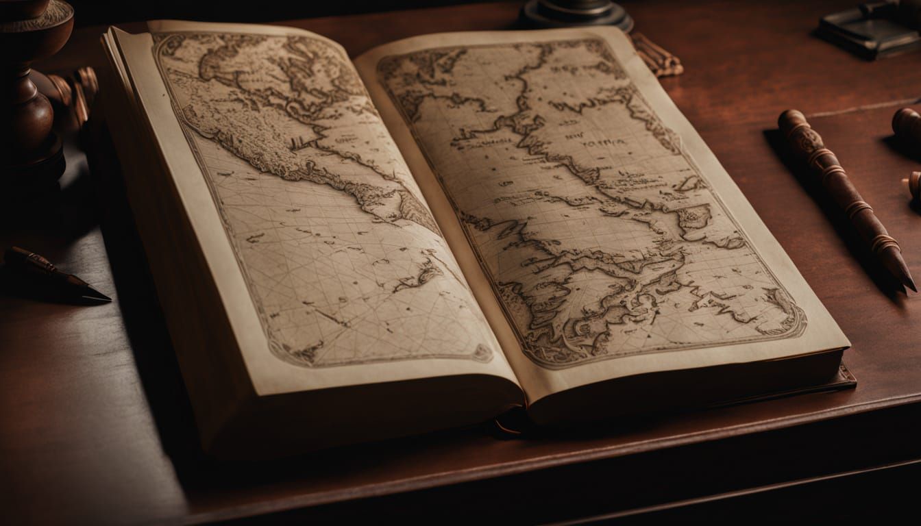 Hyperrealistic Old Book of Maps and Designs on Desk